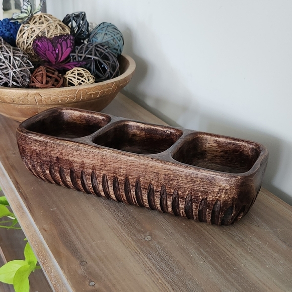 🌍 Rustic Brown Wooden Tray – Handcrafted in India 3-Compartment Organizer cute - Picture 14 of 16